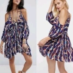 Free People One Monarch Mini Dress Multicolored Purple Pink Large Boho